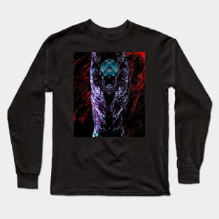 Portrait, digital collage and special processing. Men's back. Mystic. Energy waves. Red and violet. Emboss. Long Sleeve T-Shirt